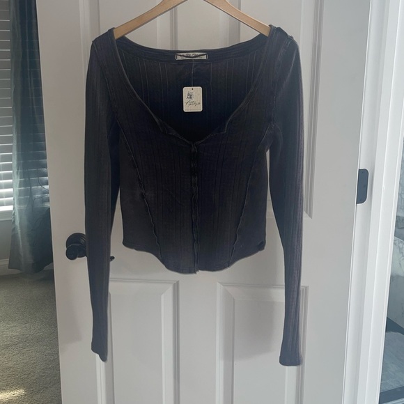 NEW Free People Eyes On You Top Small Black Cotton Long Sleeve Cropped ERK532 Sm - Picture 4 of 9